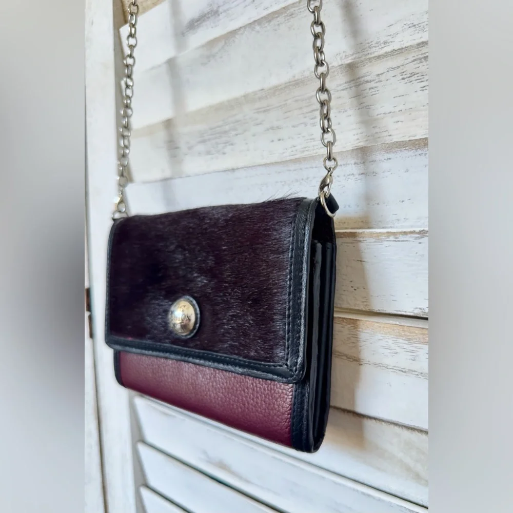 Brighton CITY BLOCK Medium Tech Wallet Chestnut Leather Calf's Hair Crossbody